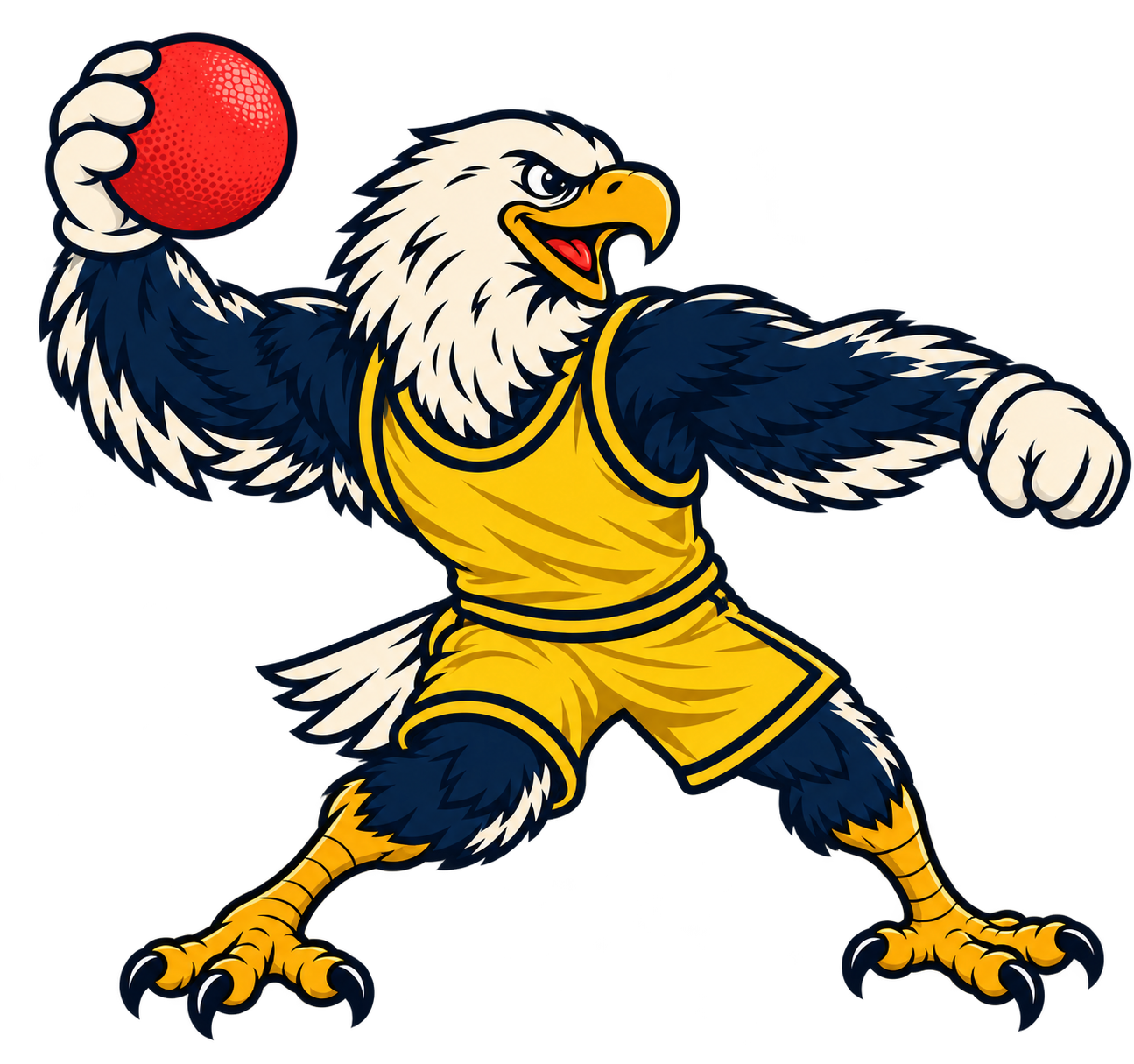 A determined eagle in a yellow uniform holding a red dodgeball.