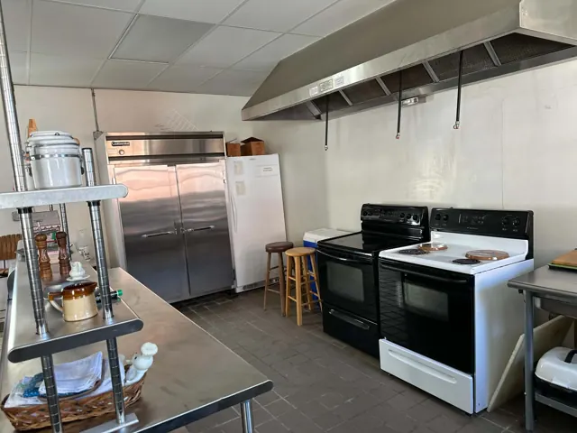 Two electric ranges sit below a large kitchen hood beside refrigerators and stainless steel shelving.